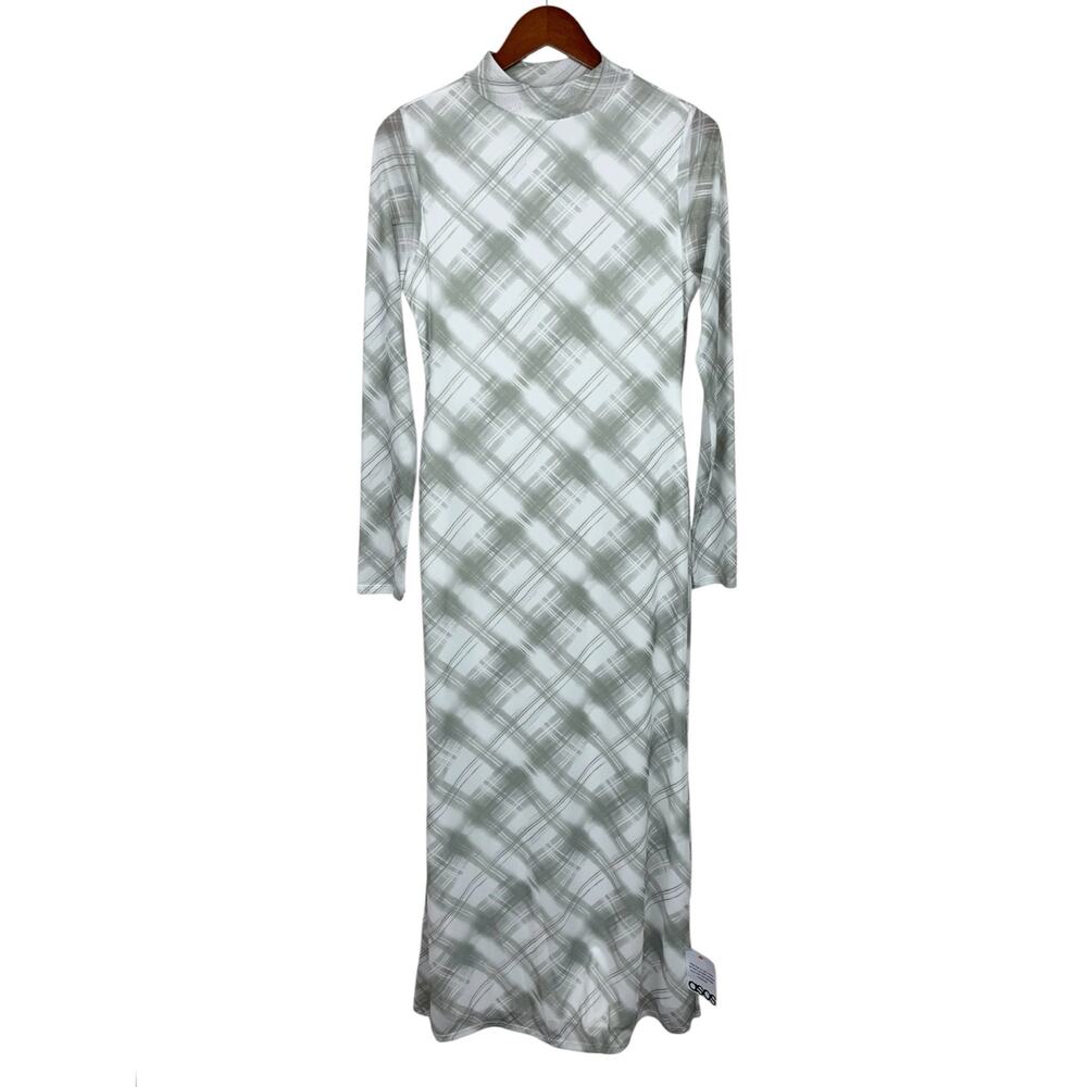 New ASOS Design High Neck Mesh Maxi Dress Green Plaid Long Sleeves Women's 8 10
